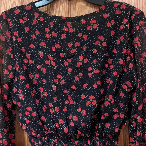 ZARA Floral Chiffon Long Sleeve V-Neck Flounced‎ Mini Dress Black Red Size Small - Picture 15 of 16